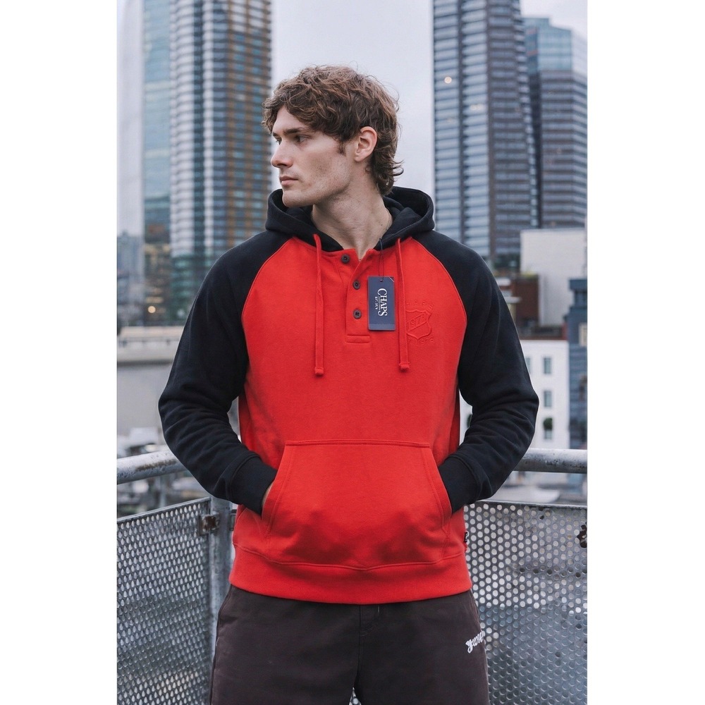 Chaps Sport‎ Hoodie Men's Medium Red Black Colorblock Henley  Pullover NWT